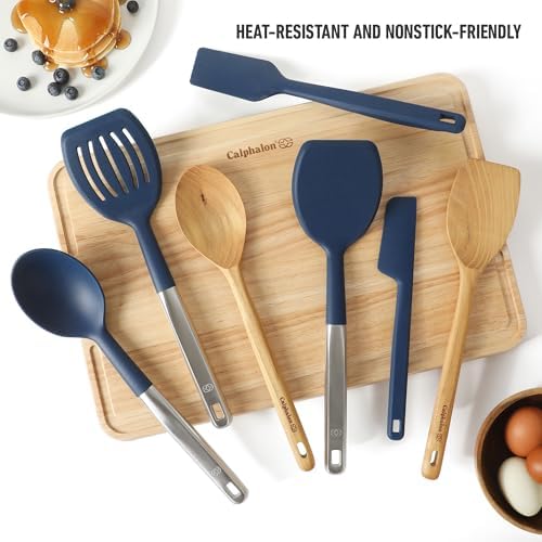 Calphalon Prime 7-Piece Silicone and Teak Wood Kitchen Tool Set, Stainless Steel Kitchen Utensil Set, Kitchen Spoon And Spatula Set, Heat Resistant Non-Slip Kitchen Gadgets Set - Navy Blue - Image 3