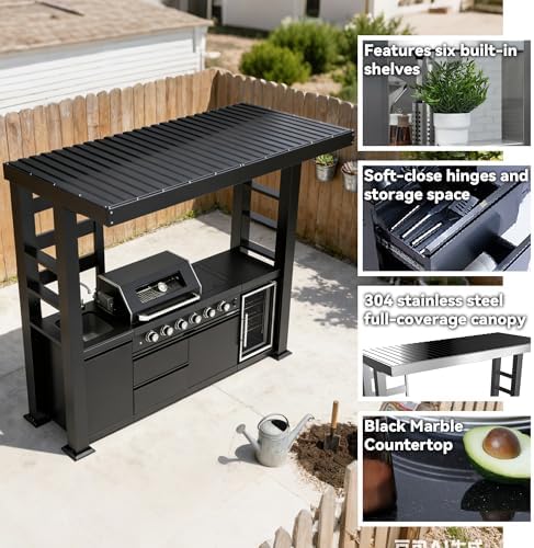 97-Inch 4-Burner 72000 BTU Propane Gas Grill Island with Shed, 304 Stainless Steel Black, Wine Cooler, Rotisserie & Granite Countertops for Backyard BBQ, Black - Image 3