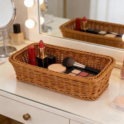 Wicker Silverware Basket, Long Narrow Basket, Small Wicker Bread Cracker Baskets, Stackable Woven Storage Baskets for Spoons Forks Knives Stationery (Rectangle) - Image 7