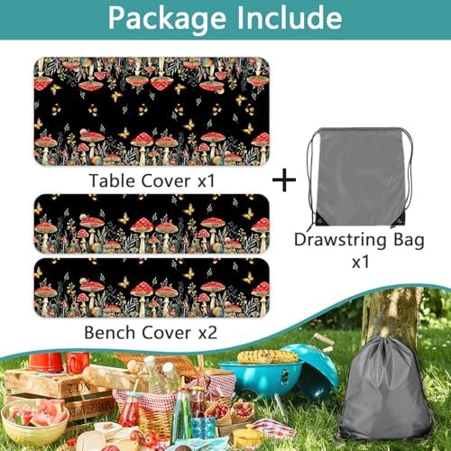Mushroom Picnic Table Cover with Bench Covers, Camping Essentials, Waterproof Windproof Camping Tablecloth, Fitted Tablecloth Cover with Elastic Edge, for Indoor & Outdoor, Garden, 3 PCS, 30x60 Inch - Image 6