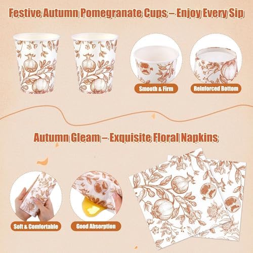 Kochorie 96 Pieces Fall Disposable Pomegranate Paper Plates Thanksgiving Vintage Floral Party Supplies Orange Floral Tableware Set Includes Paper Plates Cups Napkins Serve 24 for Wedding Baby Shower - Image 4