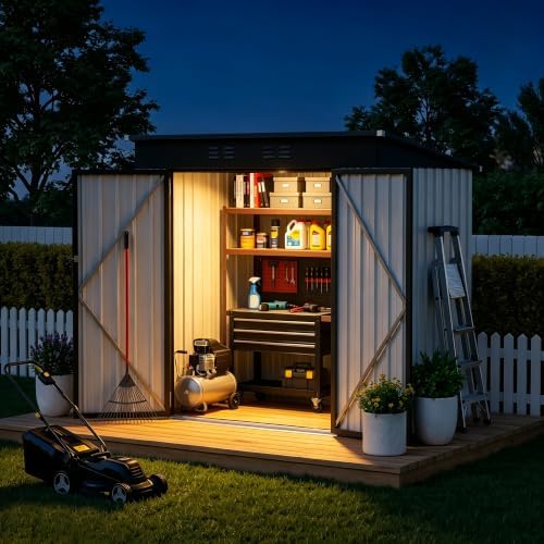6 x 4 FT Outdoor Storage Shed, Waterproof Metal Garden Tool Shed with Sloped Roof, Magnetic Light, Lockable Door & Air Vents for Backyard Patio Lawn, White by Unknown