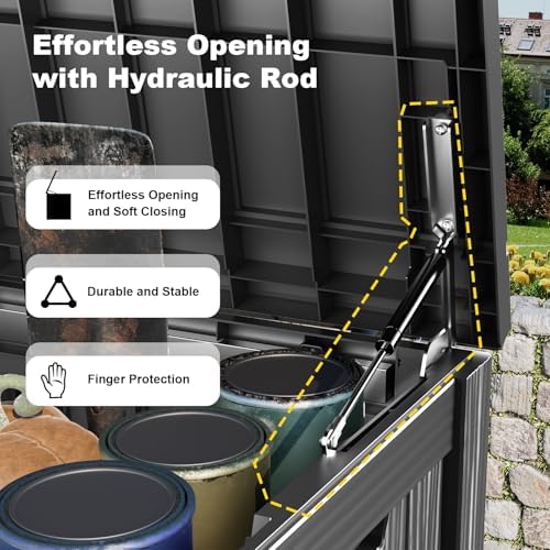 150 Gallon Waterproof Outdoor Storage Box, UV Resistant Resin Deck Box with Hydraulic Rod for Reinforced Stability, Perfect for Patio, Garden, and Pool, Striped Black - Image 3