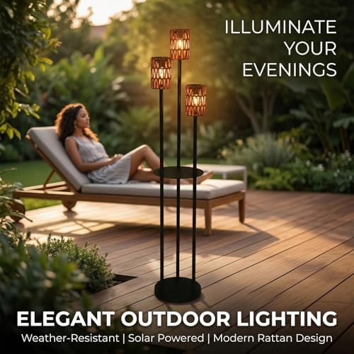 Solar Outdoor Floor Lamp Waterproof, Cordless Outdoor Lamps for Patio with Shelves Plant Stand, Rattan Solar Lamp for Outside, Wireless Outdoor Light for Yard Garden Deck Porch Decor - Image 4