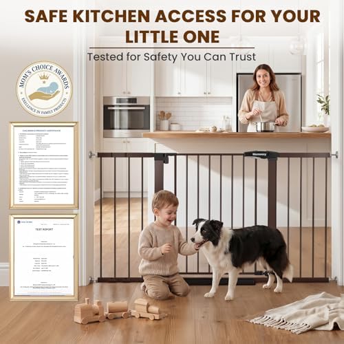 Mumeasy 29.7-54.2" Baby Gate for Stairs, Pressure Mounted Dog Gate for Doorways, Extra Wide Walk Thru Safety Pet Gate for Doors with Auto Close, Easy Install Child Gate for Hallway Indoor House, Brown - Image 6
