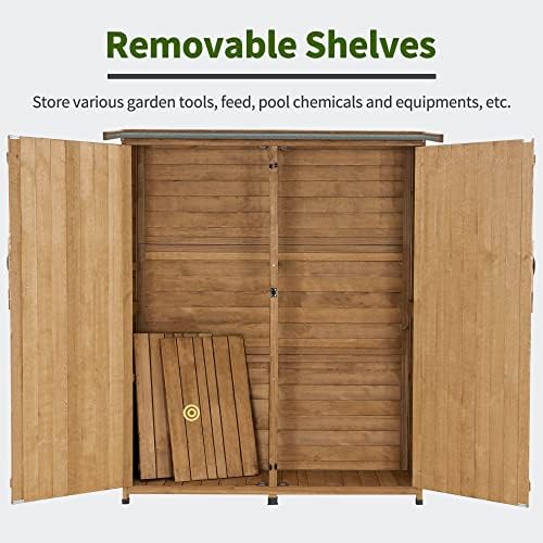 MCombo Outdoor Storage Cabinet with Shelves, Wood Garden Shed with Floor, Outside Tool Shed with 2 Lockable Doors for Yard Patio Lawn, 1400 (Natural) - Image 4
