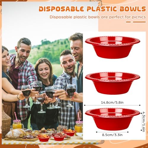 24 Pack 12 oz Disposable Plastic Bowls Dessert, Ice Cream, Salad, Soup Serving Cups for Party, Picnic, Food Snacks (Red) - Image 2