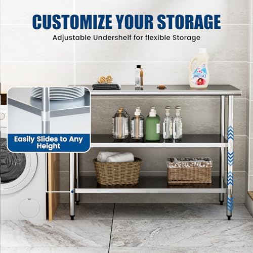 Stainless Steel Work Table 24 x 60 Inch with 2 Adjustable Undershelves, Heavy-Duty Metal Prep Table for Commercial Kitchen & Restaurant, Garage, Outdoor - Image 4