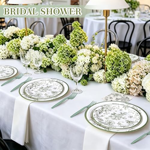 100 Pcs Disposable Sage Green Flower Tableware Set for 25 Guests - Image 2