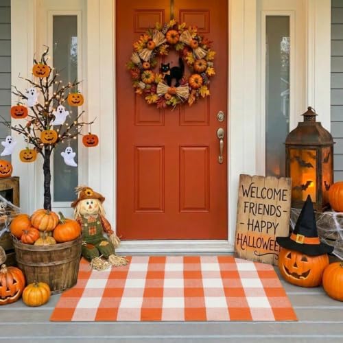 SEEKSEE Halloween Decor Buffalo Plaid Outdoor Rug 27.5x43 Orange and White Front Door Mat, Layering Rug for Porch, Halloween Doormat, Front Porch Rug for Outdoor Entrance Entryway Patio Porch Decor by SEEKSEE