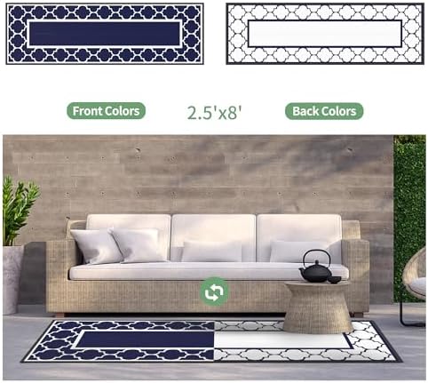 GENIMO Outdoor Rug, Waterproof Plastic Runner Rugs, 2.5'x8' Blue White - Image 6