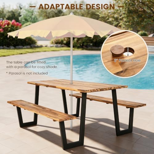 ORALNER Acacia Wood Picnic Table Bench Set w/2“ Umbrella Hole, 6-8 Person - Image 6