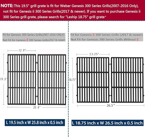 Leship 19.5 inch Cooking Grates Replace for Weber 7524, 7528, Weber Genesis 300 Series Genesis E310 E320 E330 S310 S320 S330 EP310 EP320 EP330 Grills, Cast Iron Grill Grates (19.5" x 12.9" Each) - Image 6
