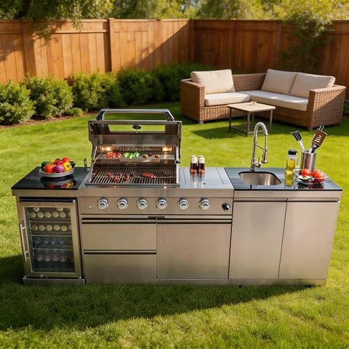 98" Outdoor Kitchen Island 4-Burner Propane Grill Refrigerator Sink, Silver by Unknown