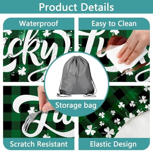 St. Patrick's Day Picnic Table Cover with Bench Covers, Camping Essentials, Buffalo Plaid Shamrock Lucky Outdoor Table Covers, Waterproof, Fitted Tablecloth Cover with Elastic Edge, 3 PCS, 30x72 Inch - Image 6