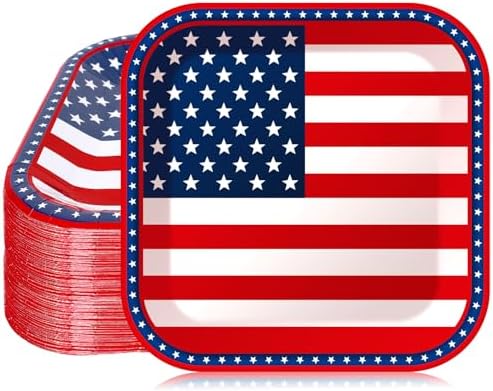 Whaline 40 Pcs 9 Inch Patriotic Paper Plates American Flag Square Disposable Plates 4th of July Party Tableware Dinnerware for 250th Anniversary Independence Day Birthday Party Supplies Table Decor by Whaline