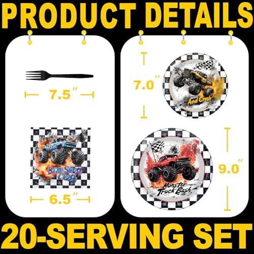 Monster Truck Party Decorations - Monster Truck Party Plates and Napkins for Kids Birthday Party, Serves 20 Guests - Image 2