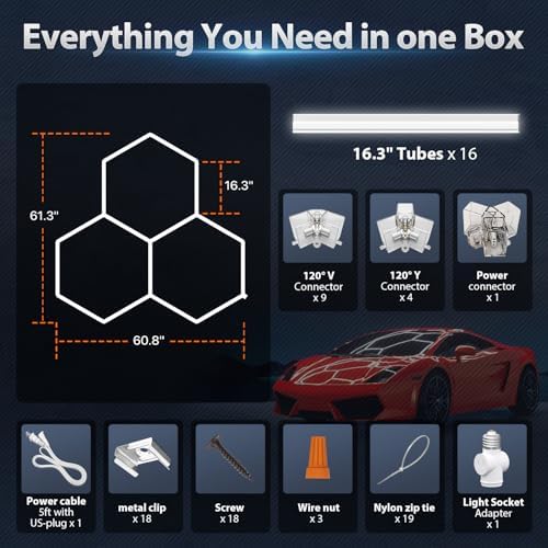 Hexagon Garage Lights 105W 12600LM, 6500K Ultra-Bright Hexagon LED Lights for Garage, 3 Grid Systems Honeycomb Hex Light for Workshop, Basement, Car Detailing, Gaming Room - Image 6