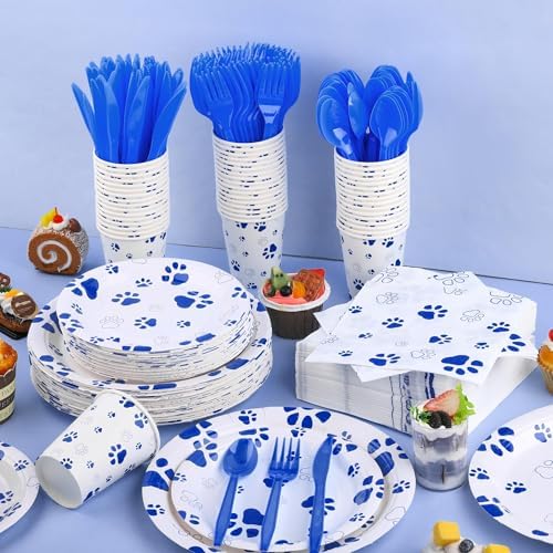 Kochorie 400 Pieces Blue Paw Disposable Party Tableware Sets Dog Puppy Supplies Including Plates Cups Napkins Cutlery Serves 50 for Birthday Puppy Theme Party Decorations - Image 4