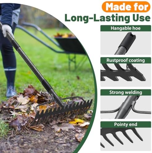 Garden Rake, 63 Inch Long Handle with 17 Tongs, Heavy Duty Metal Bow Rake for Loosening Leveling Soil, Garden Leaf Rake for Raking Leaves Grass , Weeding, Metal Yard Thatch Lawn Care Garden Tool - Image 5