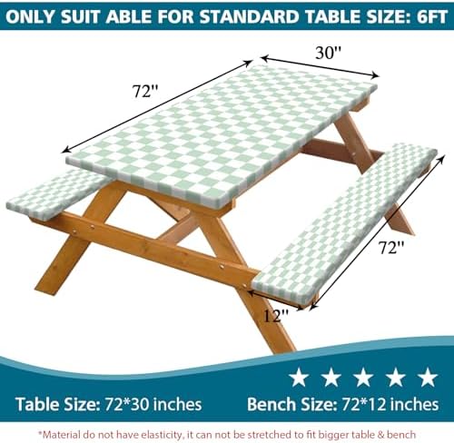 Picnic Table Cover with Bench Covers and Bag, Sage Green and White Checkered Buffalo Plaid Camping Tablecloth Waterproof Elastic Edges Fitted Gingham Tablecloth for Outdoor Garden 3PCS 30x72 Inch - Image 2