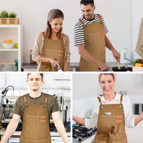 OUNLEN Chef Apron for Men Women Canvas Aprons with 3 Pockets Cross Back Resistant Work Apron for Cooking - Image 6
