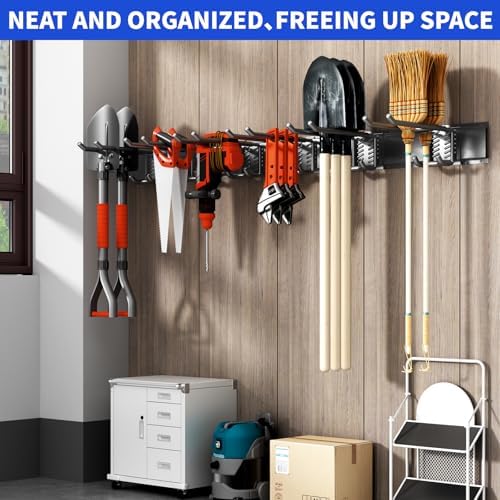 Garage Tool Organizer Wall Mount, 48 Inch Heavy Duty Garden Tool Organizer Storage System, Easy Install with 6 Adjustable Bilayer Hooks, for Garage, Basement, Shed, Workshop, Black, Steel - Image 6