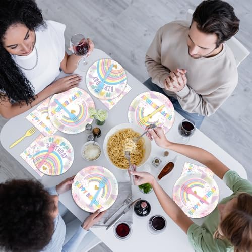 96PCS Boho Pastel Rainbow Party Paper Plates and Napkins for Rainbow Cloud Theme Party Dessert Cake Plates Disposable Decor Girls Happy Birthday Set for Kids Birthday Gatherings Decorations - Image 6