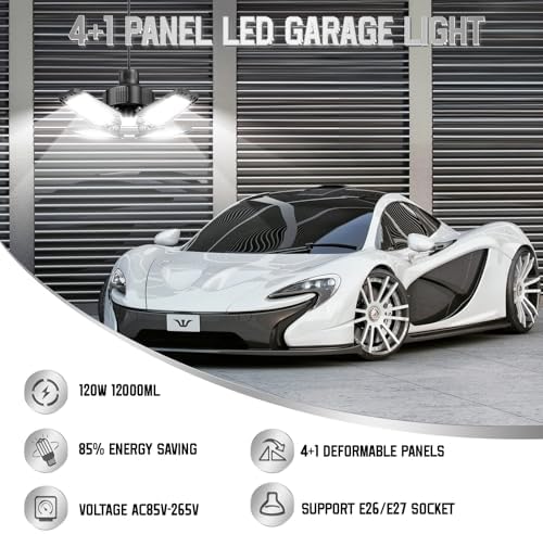 Garage Lights 1 Pack 120W, 12000LM LED Garage Lights with 4+1 Deformable Panels 6500K Screw in LED Shop Lighting for Workshop, Basement Support E26/E27 - Image 4