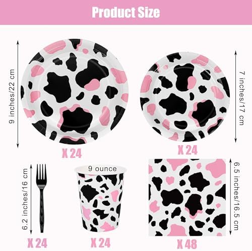 Kochorie 144 Pieces Pink Cow Print Party Supplies, Cowgirl Pink Cow Tableware Sets Including Disposable Paper Plates Napkins Cups Forks Serves 24 for Baby Shower Birthday Party Decorations - Image 2