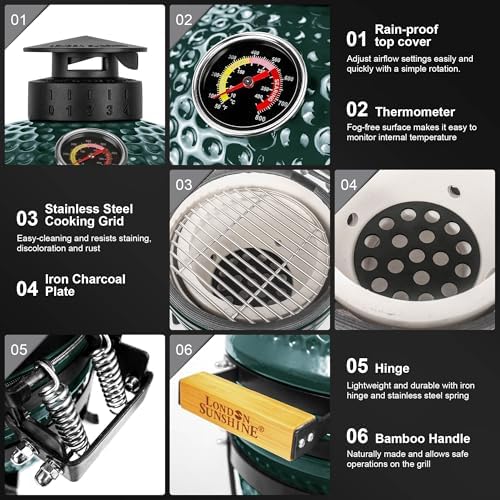 London Sunshine 13-Inch Ceramic Kamado Grill, Waterproof Vent Cap, Green - Image 5