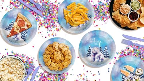 Our Little Polar Bear Turns One First Birthday - 32 Piece Disposable Party Supplies - Decorations for Winter 1st Birthday Round Party Plates - Large 9" Paper Plates In Bulk - Image 7
