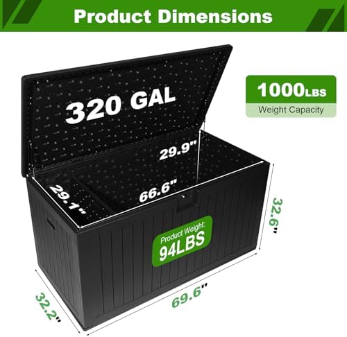 320 Gallon Deck Box with 6 Waterproof Foot Pads, Resin Storage Box Weatherproof, Plastic Cushion Container with Lock and Lids for Pool Equipment, Black - Image 2