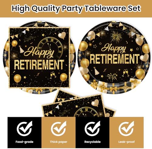 40Pcs Retirement Paper Plates and Napkins Party Supplies, Disposable Happy Retirement Decorations Party Plates Napkins Black Gold Tableware Set for Men Women - Image 3