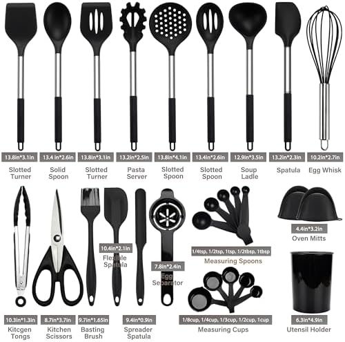 QMVESS Silicone Cooking Utensils Set, 28 Pcs Non-Stick Kitchen Utensils Set with Holder, 446°F Heat Resistant Spatula, Tongs, Spoons Set with Stainless Steel Handle Kitchen Gadgets (Black) - Image 3