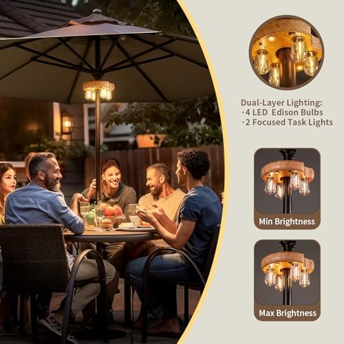 Wood Grain Patio Umbrella Light with Remote Control, Rechargeable Cordless LED Edison Bulbs Pole Light with 10 Brightness Levels for Garden, Patio, Backyard, Camping or BBQ (2 Pack) - Image 5