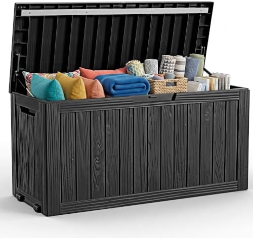 ROJIK 149 Gallon Outdoor Storage Box Waterproof,Weatherproof Deck Boxes Outdoor Lockable,Resin Outside Storage Box for Garden Tools,Cushions,Accessories(Black,149 Gal) by ROJIK