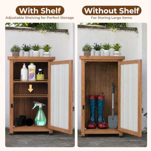 PetsCosset Small Outdoor Storage Cabinet Waterproof with Metal Top, Wood & Metal Outside Potting Bench Table Tool Organizer with Adjustable Shelf for Patio Backyard Garden - Image 2