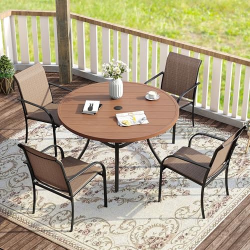 VICLLAX 5 Pieces Patio Dining Set for 4, Outdoor Furniture Set Includes 40.7" Round Patio Table and 4 Patio Stackable Chairs, Walnut Tabletop and Brown Fabric by HOME