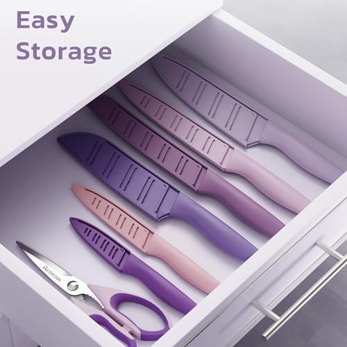 Astercook Knife Set, 13 Pieces Kitchen Knives Set with Healthy Anti-Rust Coating, Dishwasher Safe, Stainless Steel Chef Knife Sets with 6 Blade Guards, Perfect Holiday Gifts for Kitchen Purple - Image 7