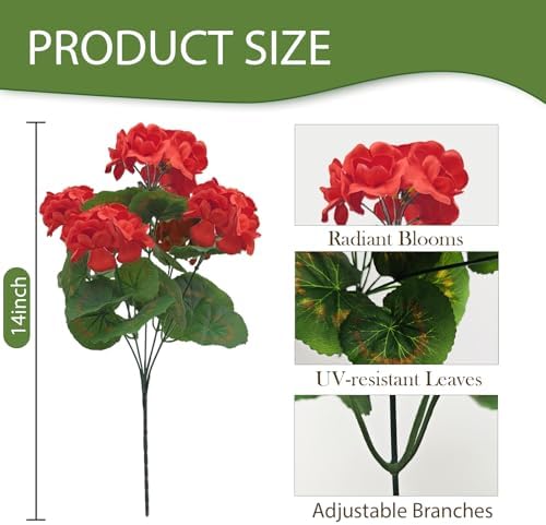 Fake Outdoor Flowers, Artificial Flowers For Outdoors, Red Artificial Geraniums Plastic Flowers, Fake Plant For Outside, Silk Faux Flowers For Outdoor Planters UV Resistant For Front Porch（4 Pcs) - Image 2
