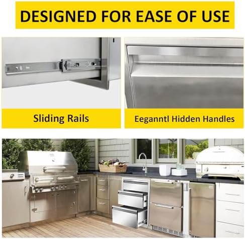 Outdoor Kitchen Drawers Triple BBQ Drawers 20" W x 27" H x 23" D Flush Mount Stainless Steel Drawer with Hidden Handle for Outdoor Kitchen - Image 4