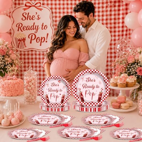 96 PCS She's Ready to Pop Party Paper Plates and Napkins Red White Checkered Bow Soda Pop for Baby Shower Gender Reveal Newborn Party SuppliesBirthday Gatherings Decorations - Image 4