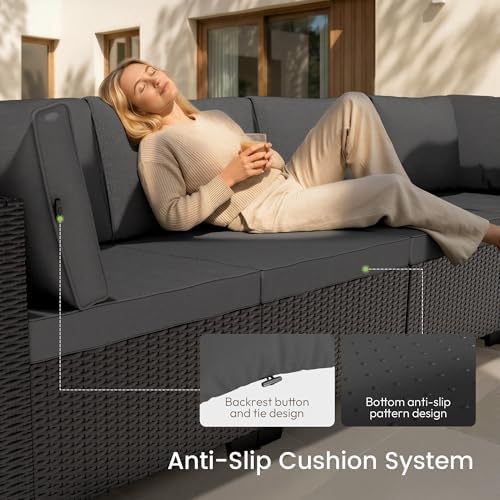 Patio Furniture Set - All-Weather - 7 Piece Patio Outdoor Conversation Set, Modular Wicker Rattan Sectional Sofa for Backyard, Garden, Poolside, Balcony, Porch, Patio,Black/Dark Gary - Image 2