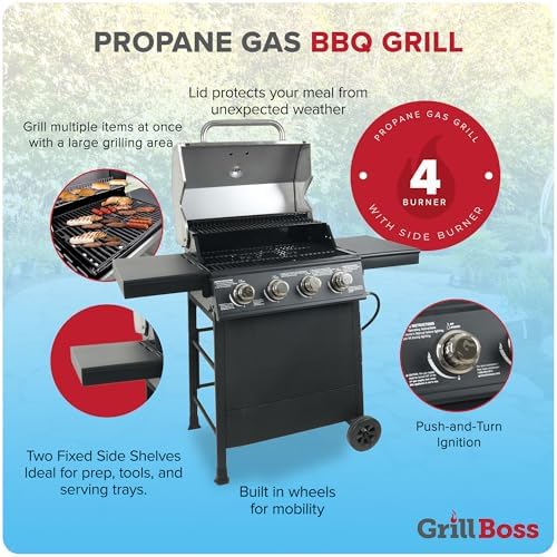 Grill Boss 4-Burner Propane Gas Grill, 40,000 BTU, Stainless Lid, Black - Image 3