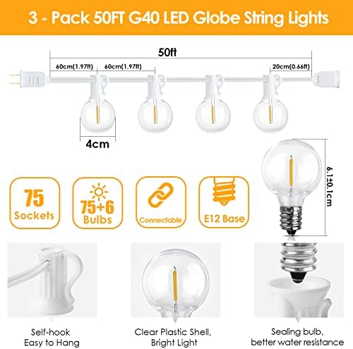 Mlambert 150Ft(3x50Ft) Outdoor String Lights, Connectable G40 Globe Patio Lights Connectable with 75+6 LED Plastic Bulbs for Outside Backyard Wedding-White Wire - Image 4