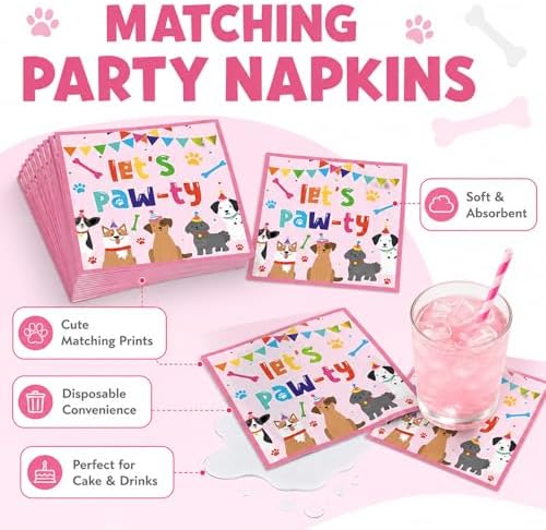 96 Pcs Puppy Birthday Party Decorations Pink Dog Plates and Napkins Dog Paw Party Paper Plates Dinnerware Set Lets Pawty Theme Tableware for Girls Serve 24 Puppy Pet Paw Print Birthday Supplies Pawty - Image 4