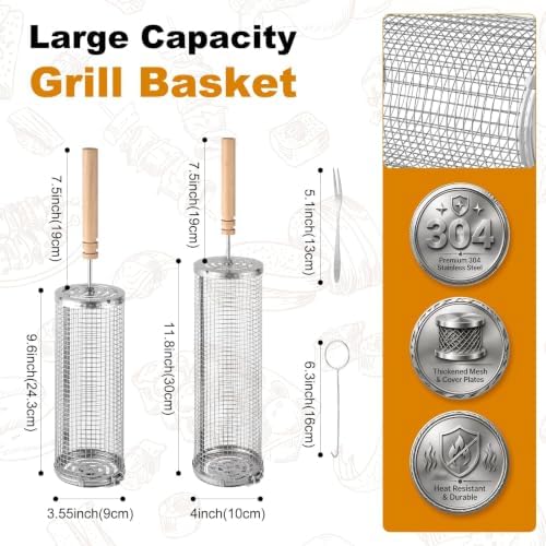 Rolling Grill Basket 2 Pack, Heavy Duty Stainless Steel Grill Basket - Image 2