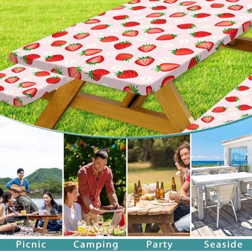 Strawberry Picnic Table Cover with Bench Covers and Bag, Camping Essentials, Berry Waterproof Windproof, Fitted Tablecloth Cover with Elastic Edge for Outdoor Garden 3 PCS 30x96 Inch - Image 3