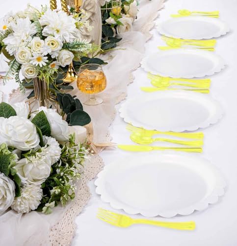 HEIPINIUYE 75 Pack Yellow Clear Plastic Cutlery Heavy Duty Clear Yellow Plastic Knives Forks and Spoons Disposable Silverware Set for 25 Guest Camping Birthday Baby Shower Party Utensil Set - Image 6